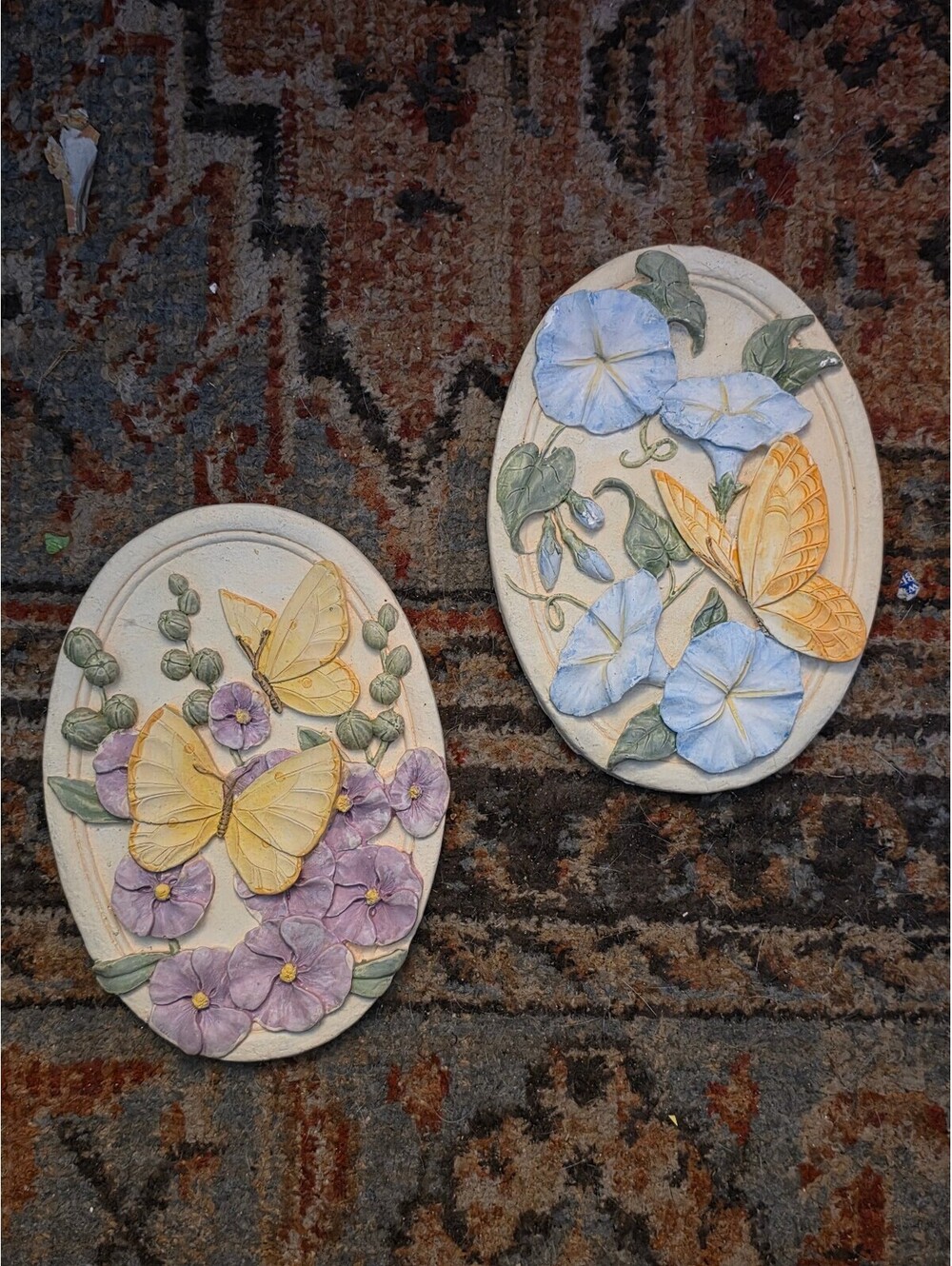 Vintage Avon Butterflies and Flowers Chalkware Wall Hanging Plaques Set of 2